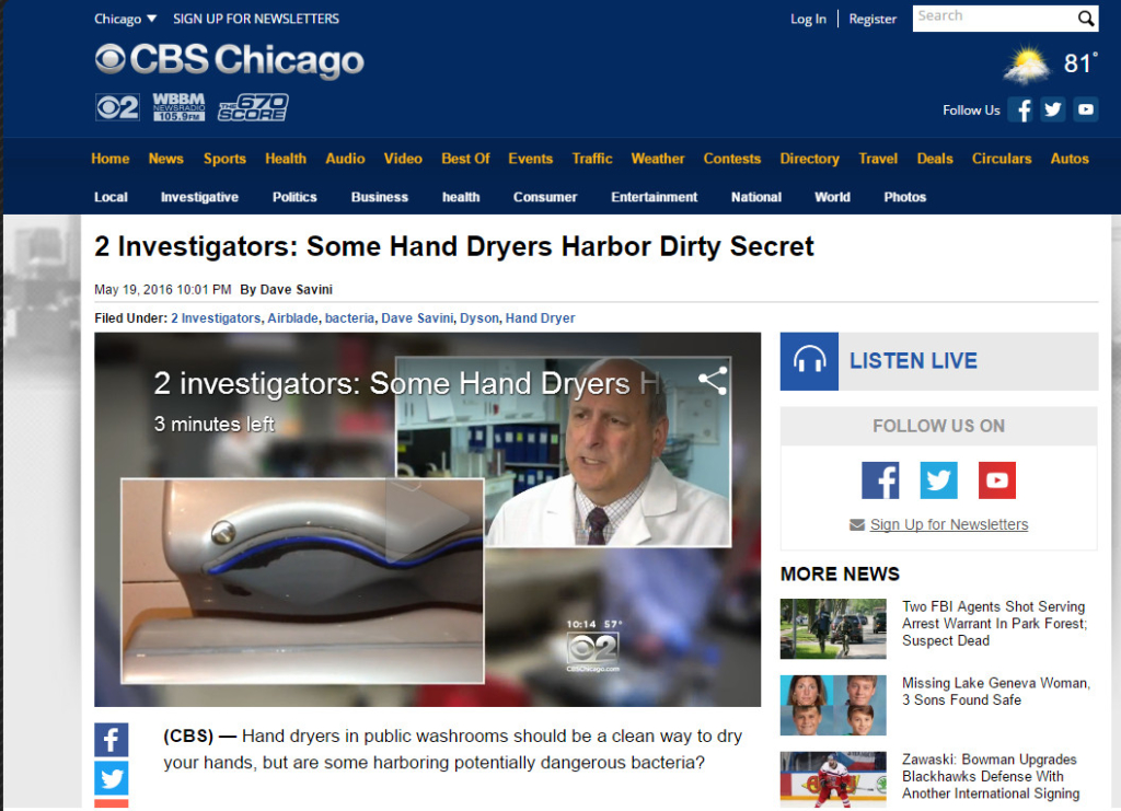 CBS article about Hand Dryers dirty secrets